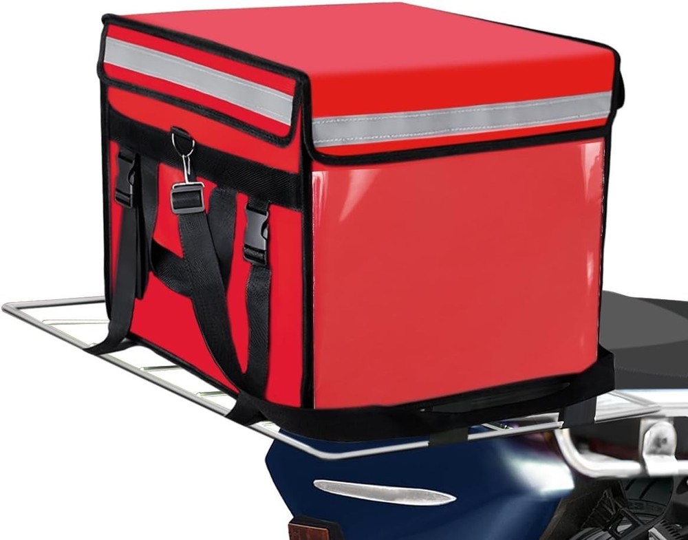 Large Insulated Food Delivery Bag W/ Fixed Base & Internal Frame Waterproof Red