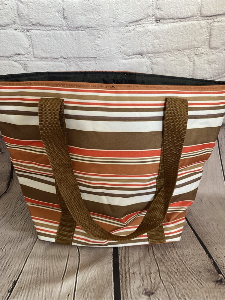 Insulated Lunch Tote Bag Brown Orange Striped Cooler Thermal Zip Reusable