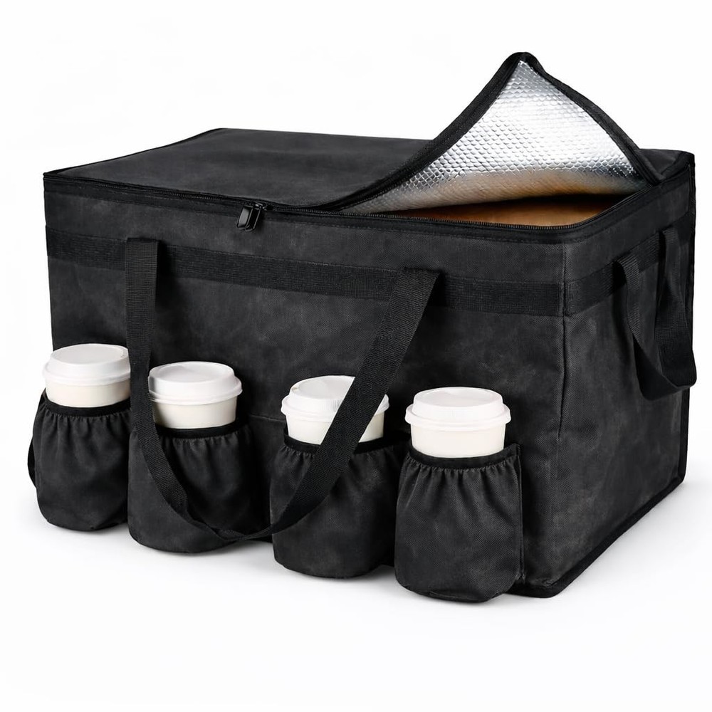 Bodaon Insulated Food Delivery Bag with 4 Cup Holders, XXL XX-Large, Black