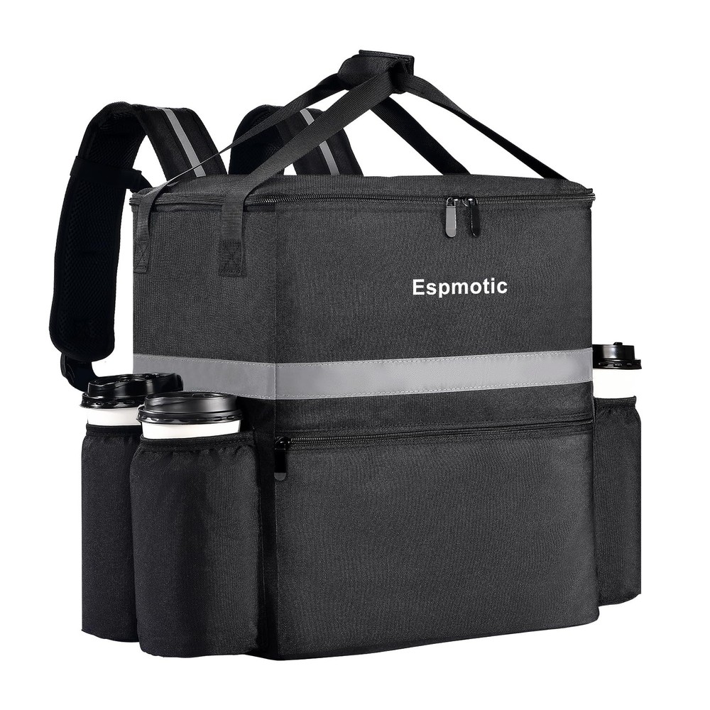 Insulated Food Delivery Backpack 4 Cup Holders Leakproof Large 14.5×10.5×15.5 In