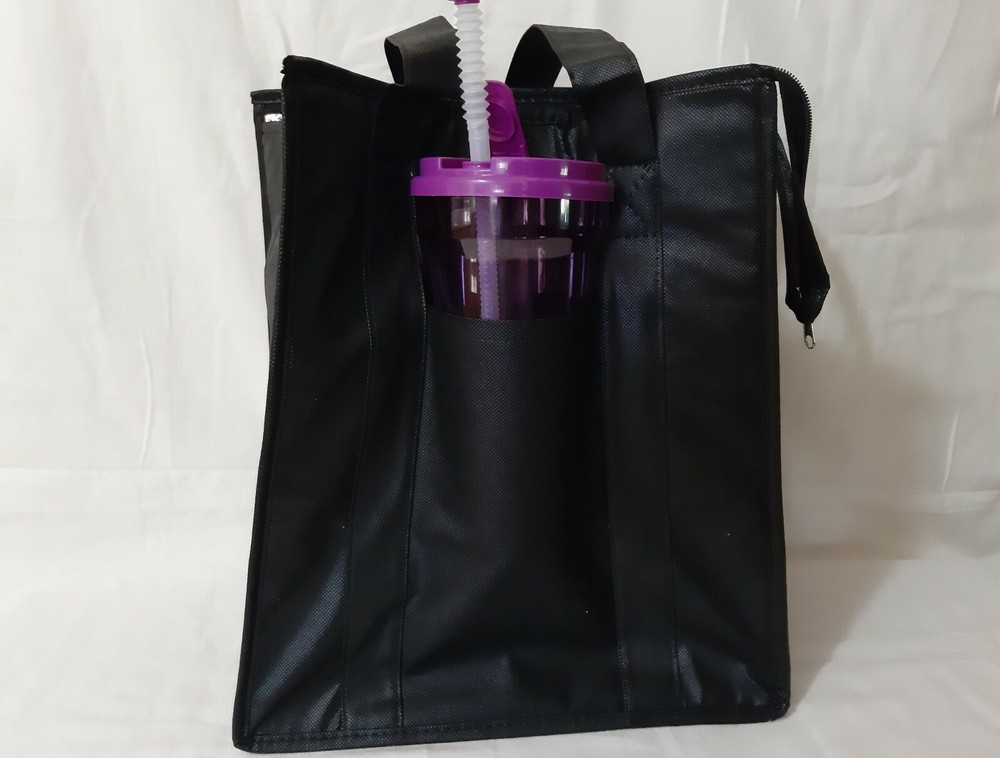 Medium Insulated Food Delivery Tote Bag w/ Drink Holder Black