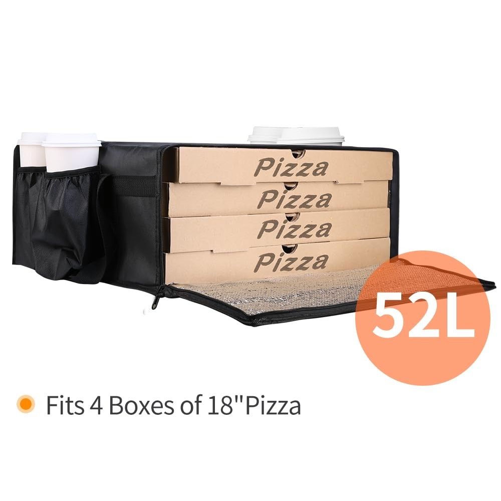 Insulated Pizza Food Delivery Bag with 4 Cup Holder 20″ X 20″ X 8″ Black