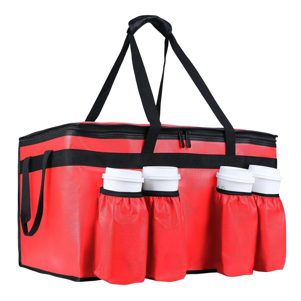 Insulated Food Delivery Bag with 4 Cup Holder for Pizza Beverages