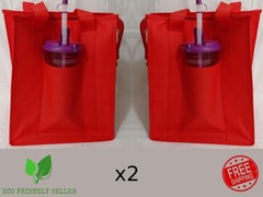 x2 Medium Insulated Food Delivery Tote Bag w/ Drink Holder Red TWO BAGS