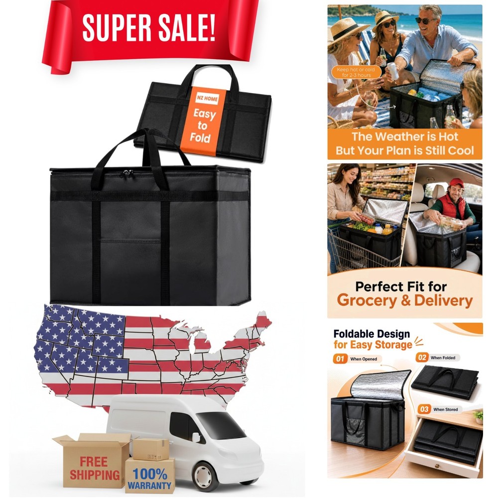 XL Plus Insulated Cooler Bag: Heavy Duty Reusable Grocery and Food Delivery Tote