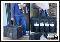 Insulated Food Delivery Bag with Cup Holders / Drink Carriers Premium XXL, Great