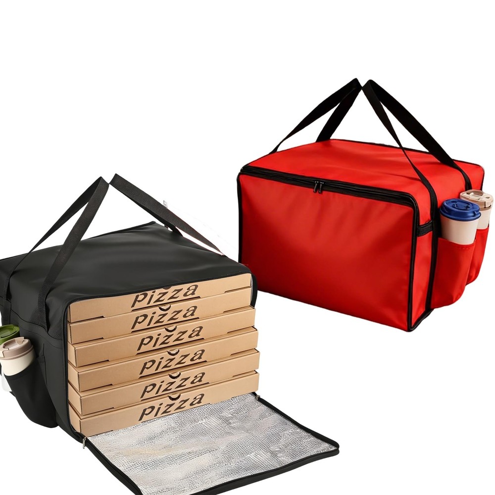 2 Pack 20″ x 18.5″ x 14″ Pizza Delivery Bags with 4 Cup Holder (1 Black & 1 R…