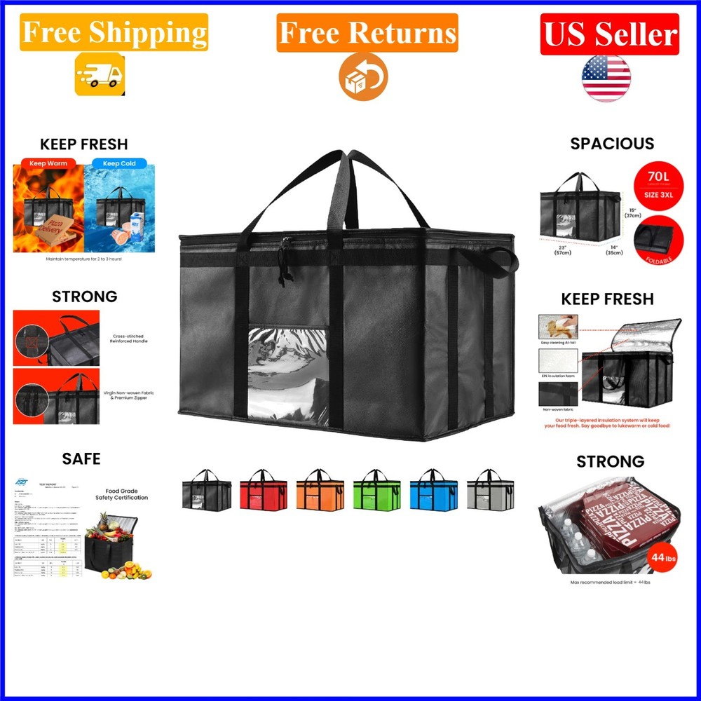 3XL Insulated Food Delivery Bag, Reusable, Heavy Duty, Black, 79L
