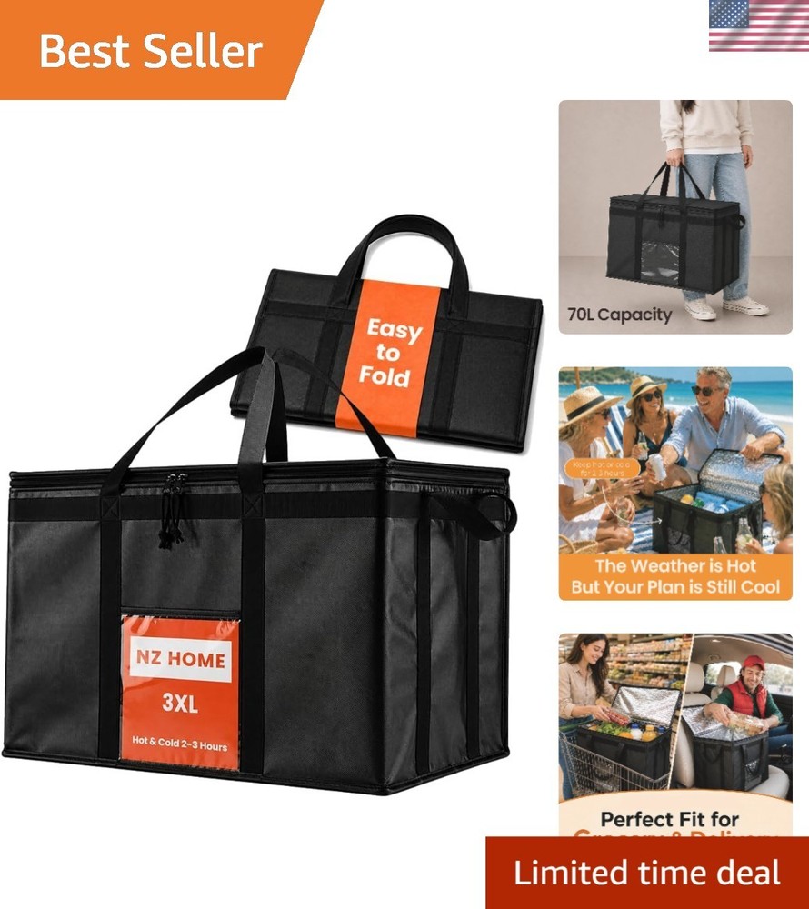 Black Insulated Food Bag with Zipper — Soft-Sided Cooler for Grocery & Catering
