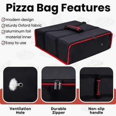 TOGETRUE Pizza Delivery Bag — Insulated 20W x 20D x 6H, Black-red Edge