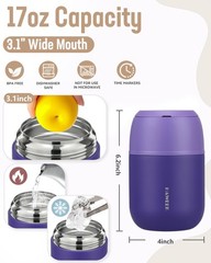 HAWEEK 17oz Insulated Food Jar — Hot Soup Thermo w/ Spoon & Brush — Purple