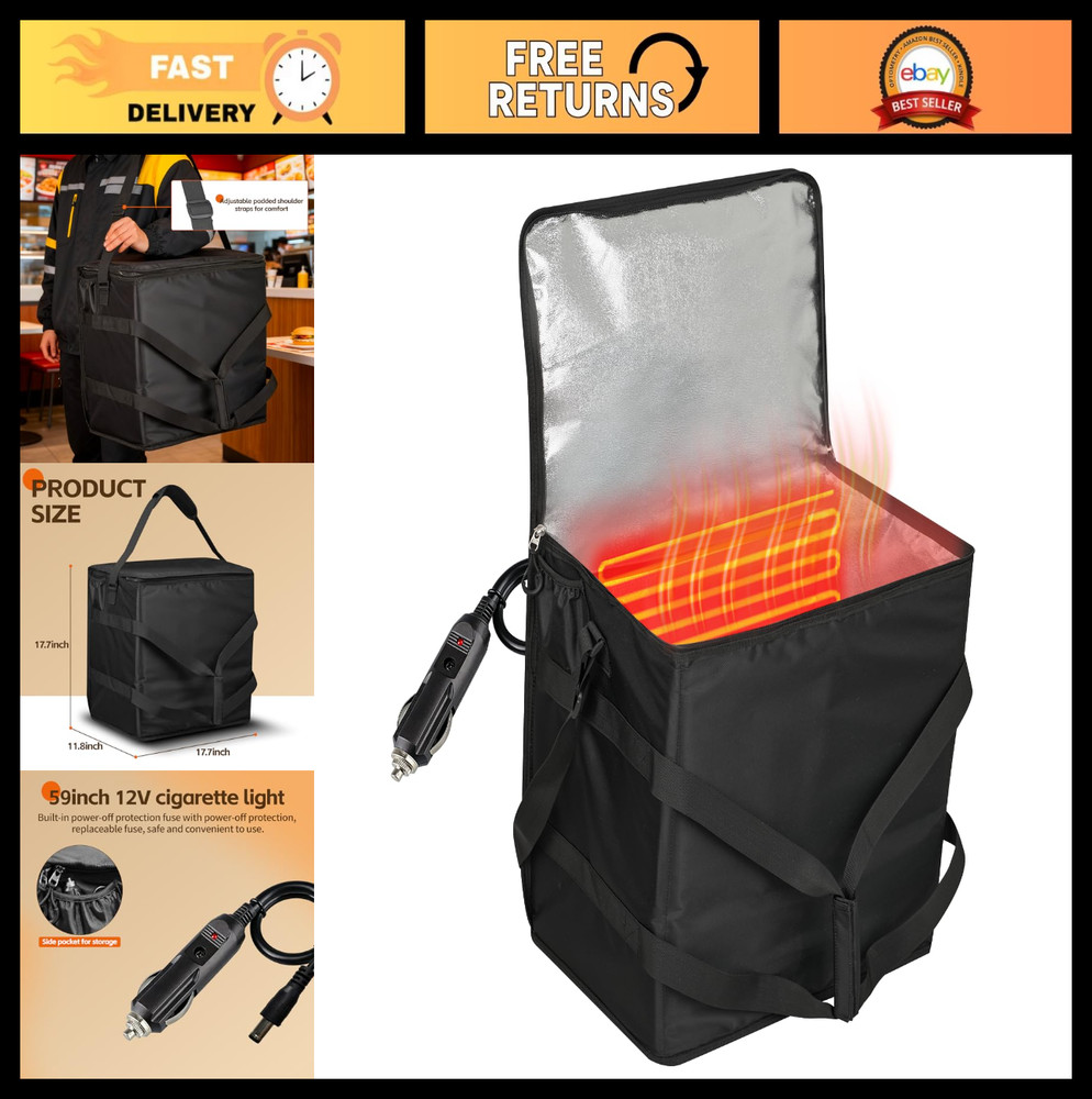 Insulated Heated Pizza Delivery Bag — Portable Food Warmer with 12V Power Port
