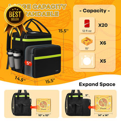 Extra Large Insulated Food Delivery Backpack 7 Cup Holders Pizza Bag Bike Black