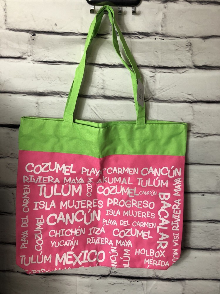 Nwt 100% Mexican Pink/White/Green Zip Up Tote Bag