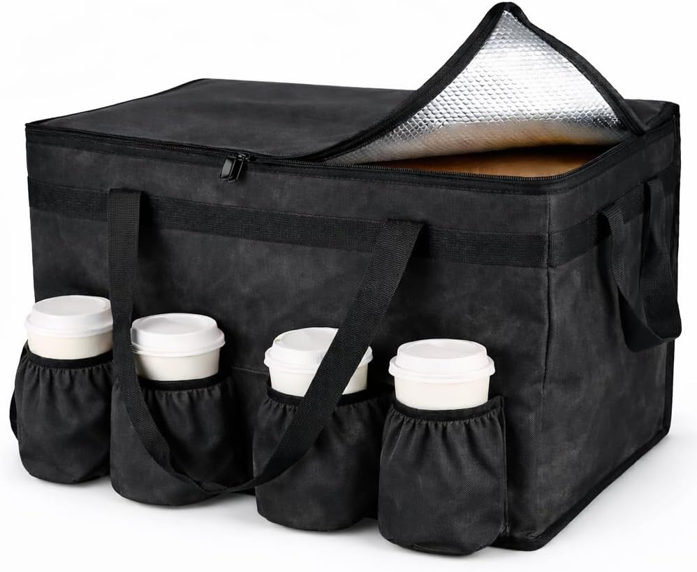 Insulated Food Delivery Bag with 4 Cup Holders, XXL Xx-Large, Black