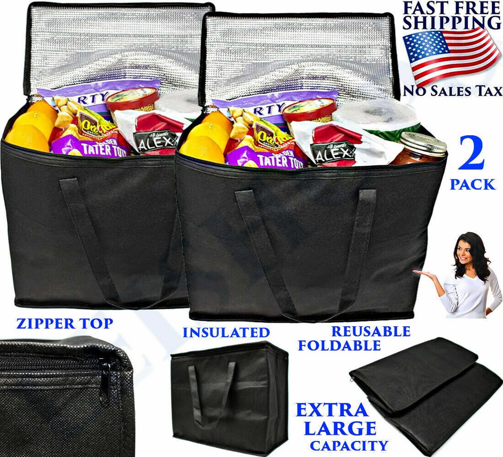 2 X-LARGE INSULATED FOOD DELIVERY BAG ZIPPER THERMAL REUSABLE GROCERY PIZZA WARM