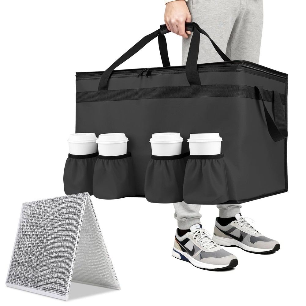 CIVJET Insulated Food Delivery Bag with 4 Cup Holder and XXXL（79L）, Black