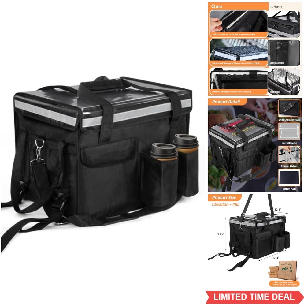 Insulated Food Delivery Bag 17.3×13.5×12.5 Inch Cup Holder Support Frame Divider