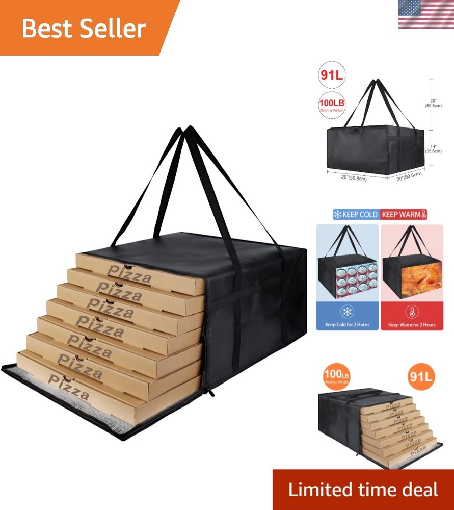 Insulated Pizza Delivery Bag, 91L Capacity — Keeps Food Hot & Fresh (20x20x14)