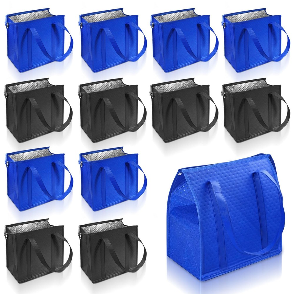 TANEMUDO 12 Pcs Insulated Bags Large Reusable 13 x 12 x 7 inches, Blue,black