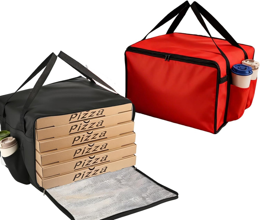 2 Pack 20″ X 18.5″ X 14″ Pizza Delivery Bags with 4 Cup Holder (1 Black & 1 Red)