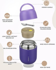 HAWEEK 17oz Insulated Food Jar — Hot Soup Thermo w/ Spoon & Brush — Purple