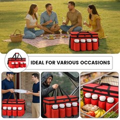 Insulated Grocery Bag with Cup Holder, Bottom Plate — Red