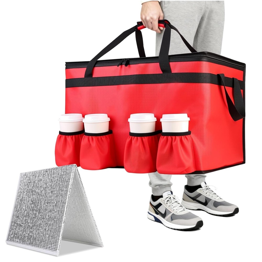 Insulated Grocery Bag for Hot/Cold Food, 4 Cup Holders, Red