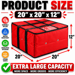 Insulated Pizza Delivery Bag 20x20x12 Hot Food Carrier 1-10 Pack Colors