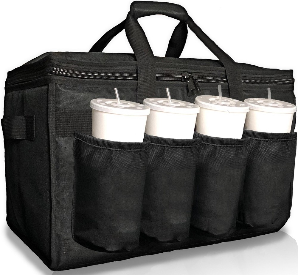 FRESHIE Insulated Food Delivery Bag with Cup Holders/Drink Carriers 1, Black