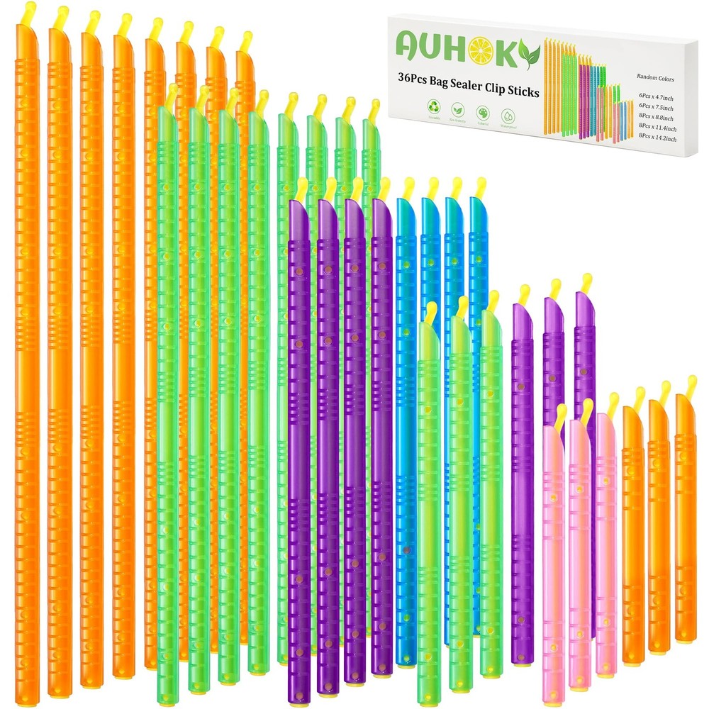 36Pcs Plastic Bag Sealer Sticks, AUHOKY 36Pcs, 5 Asortrd sizes, Random Colors