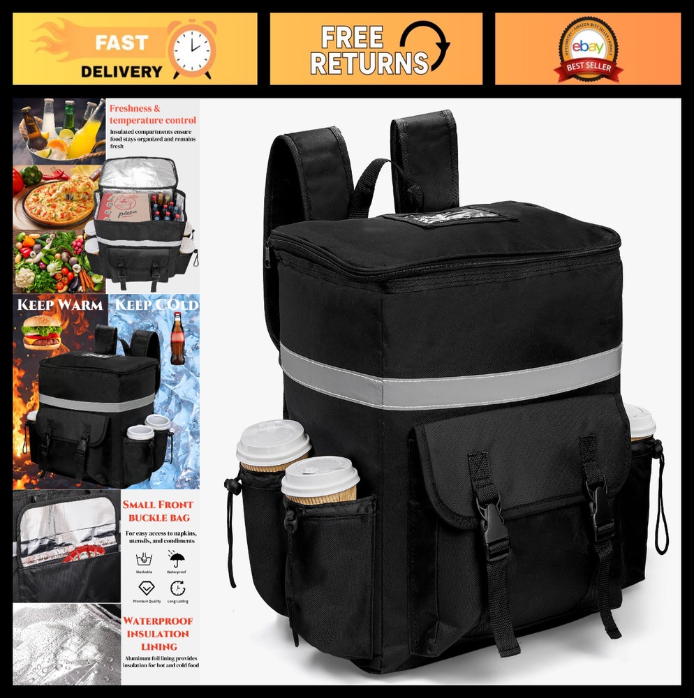 Insulated Food Delivery Backpack with 4 Cup Holders, Waterproof Catering Bag, Ho