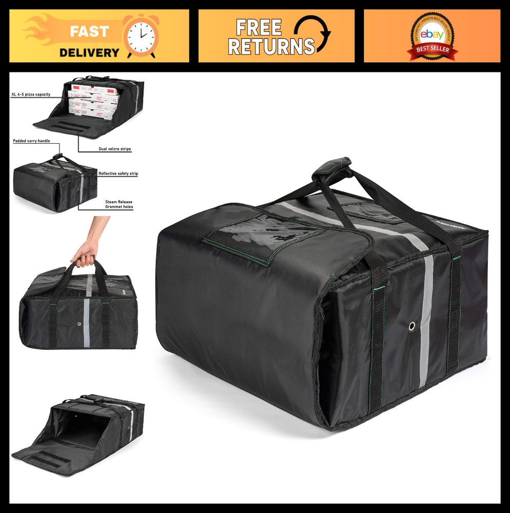 Insulated Food Delivery Bag for 4 Large Pizzas, 20″x20″x8″, Black, Heat Retentio