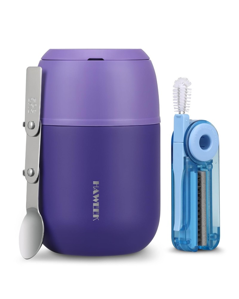 HAWEEK 17oz Insulated Food Jar — Hot Soup Thermo w/ Spoon & Brush — Purple