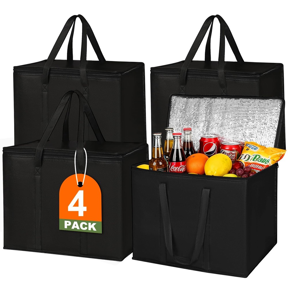 JNYONG 4 Pack Insulated Reusable Grocery Shopping Bags with 4 Pack, Black