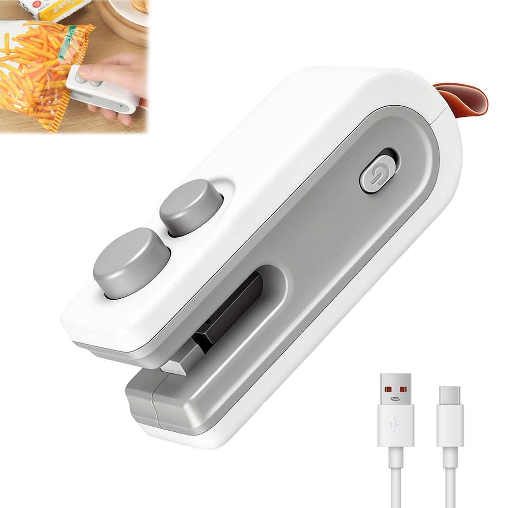 3-in-1 Mini Bag Sealer with Cutter and Magnet,Rechargeable mini, White