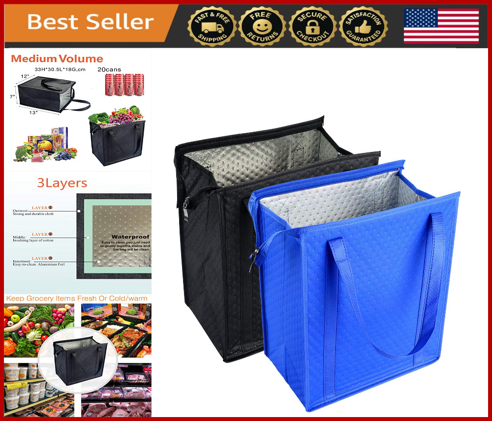 Insulated Cooler Bags Set, Reusable Grocery Storage, Zipper Closure, Black & Blu