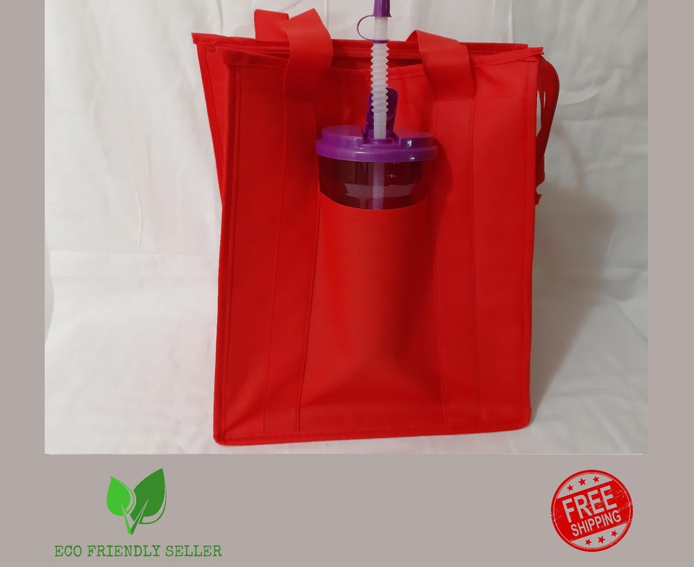 Medium Insulated Food Delivery Tote Bag w/ Drink Holder Red