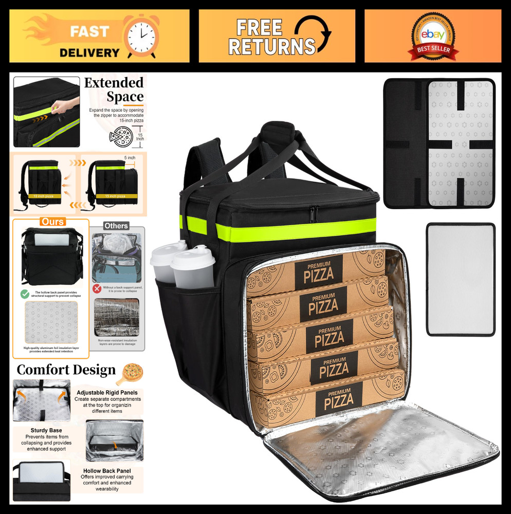 Expandable Food Delivery Backpack for Hot/Cold Items, Reflective Strips, Cup Hol