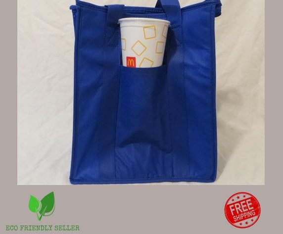 Medium Insulated Food Delivery Tote Bag w/ Drink Holder Blue