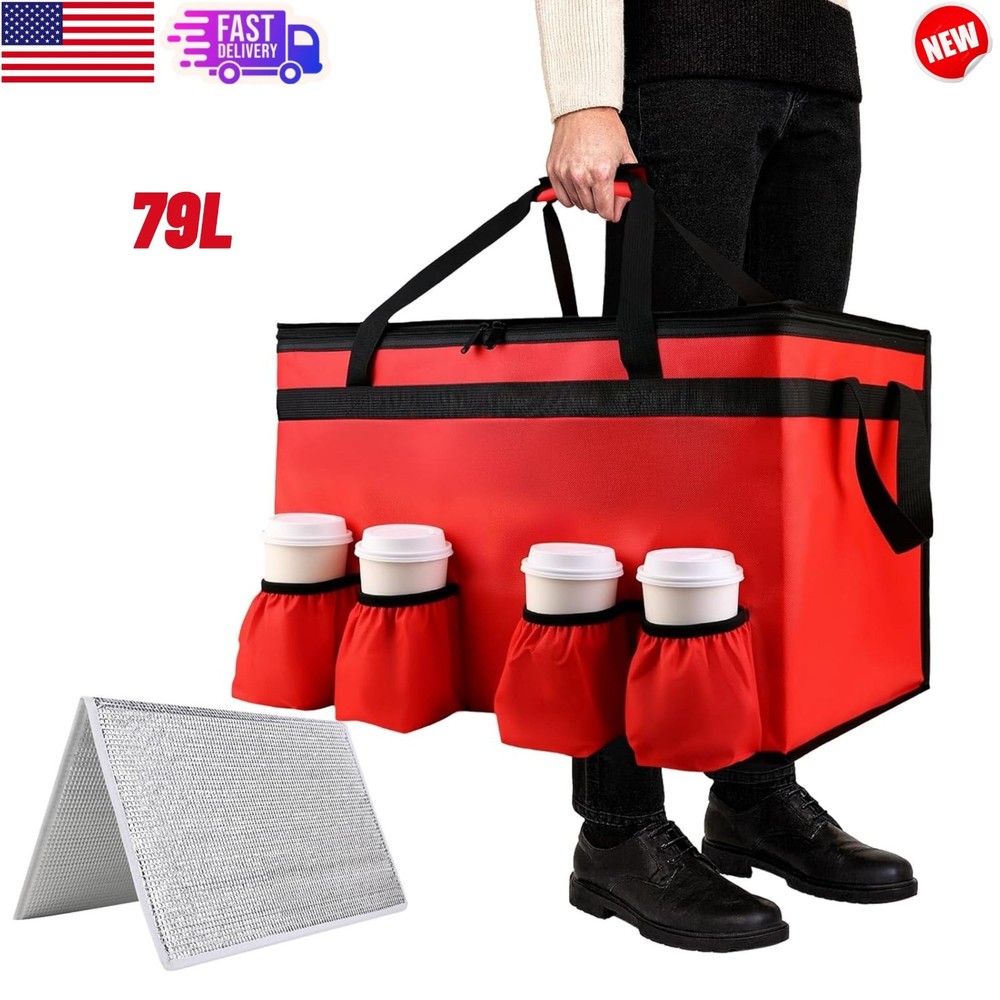 Large Insulated Food Delivery Bag with 4 Cup Holder, Cooler Bag Drink Carrier