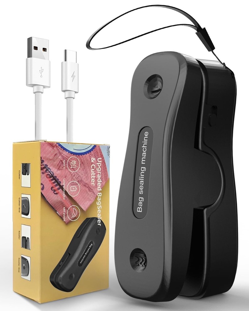 Mini Bag Sealer Rechargeable 2-in-1 Snack with Magnet Portable Black