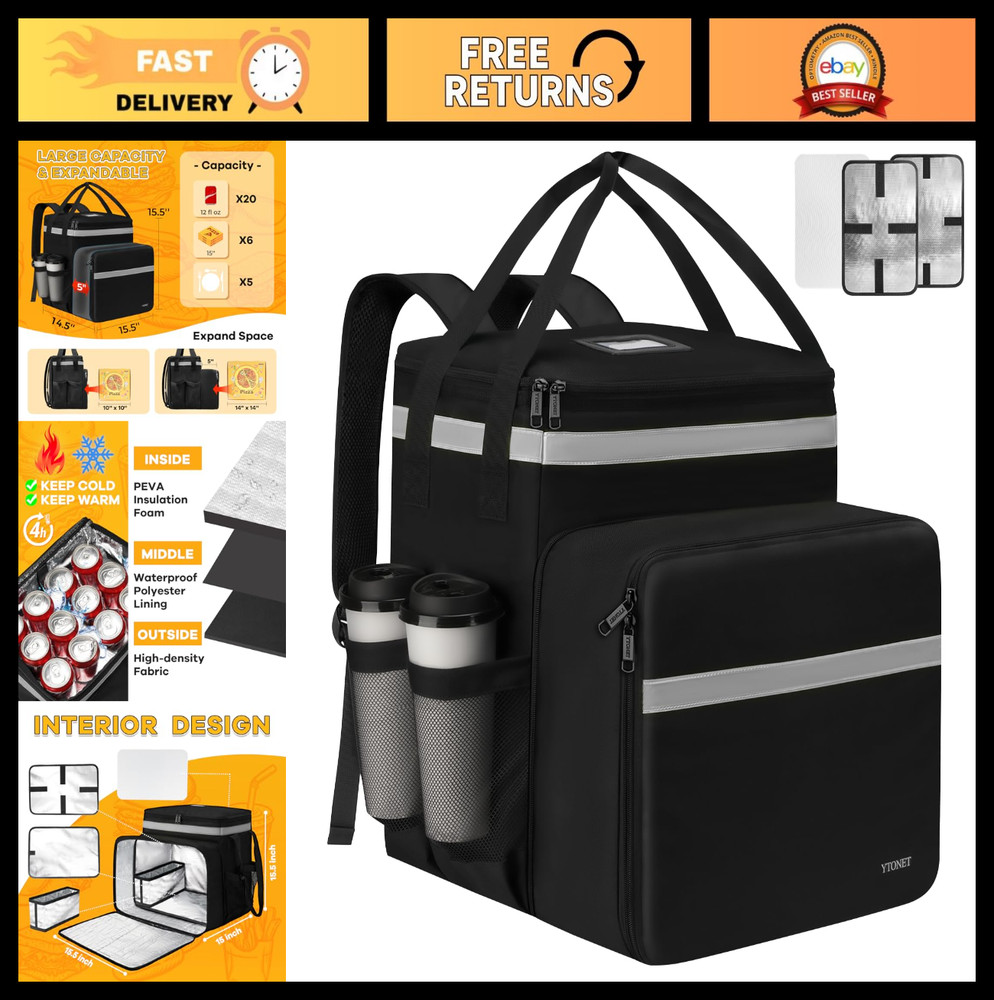 Expandable Insulated Food Delivery Backpack with 7 Cup Holders, Reflective Strip