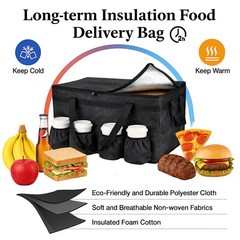 Bodaon Insulated Food Delivery Bag with 4 Cup Holders, XXL XX-Large, Black