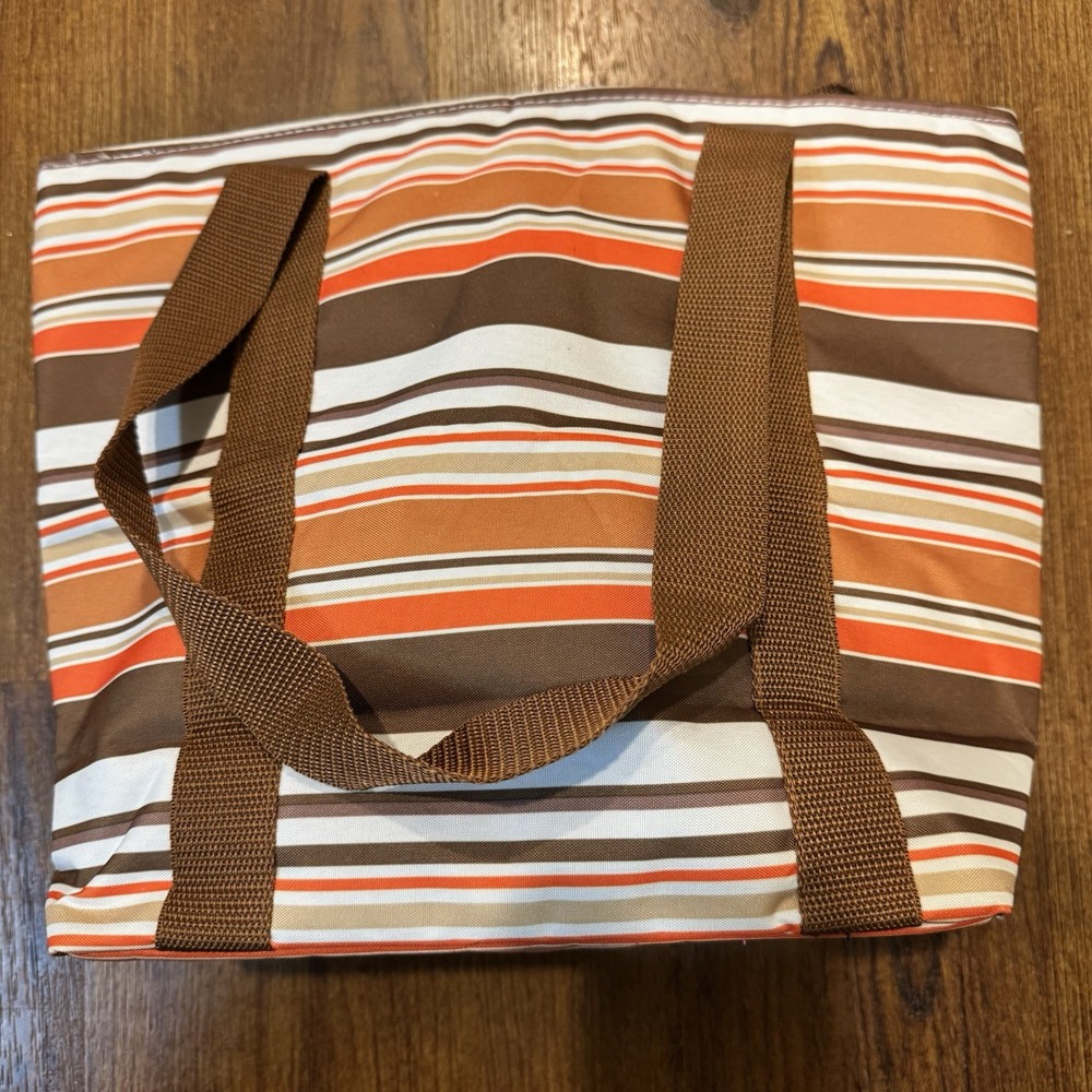 Insulated Lunch Tote Bag Brown Orange Striped Cooler Thermal Zip Reusable