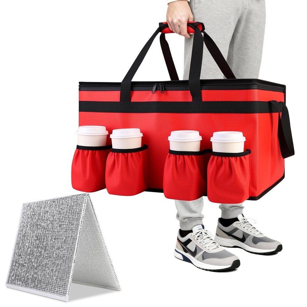 CIVJET Insulated Food Delivery Bag with 4 Cup Holder and Bottom XXL（60L）, Red
