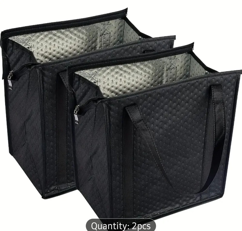 Set Of Two (2) Insulated Delivery Bags, Black, Zipper Closable